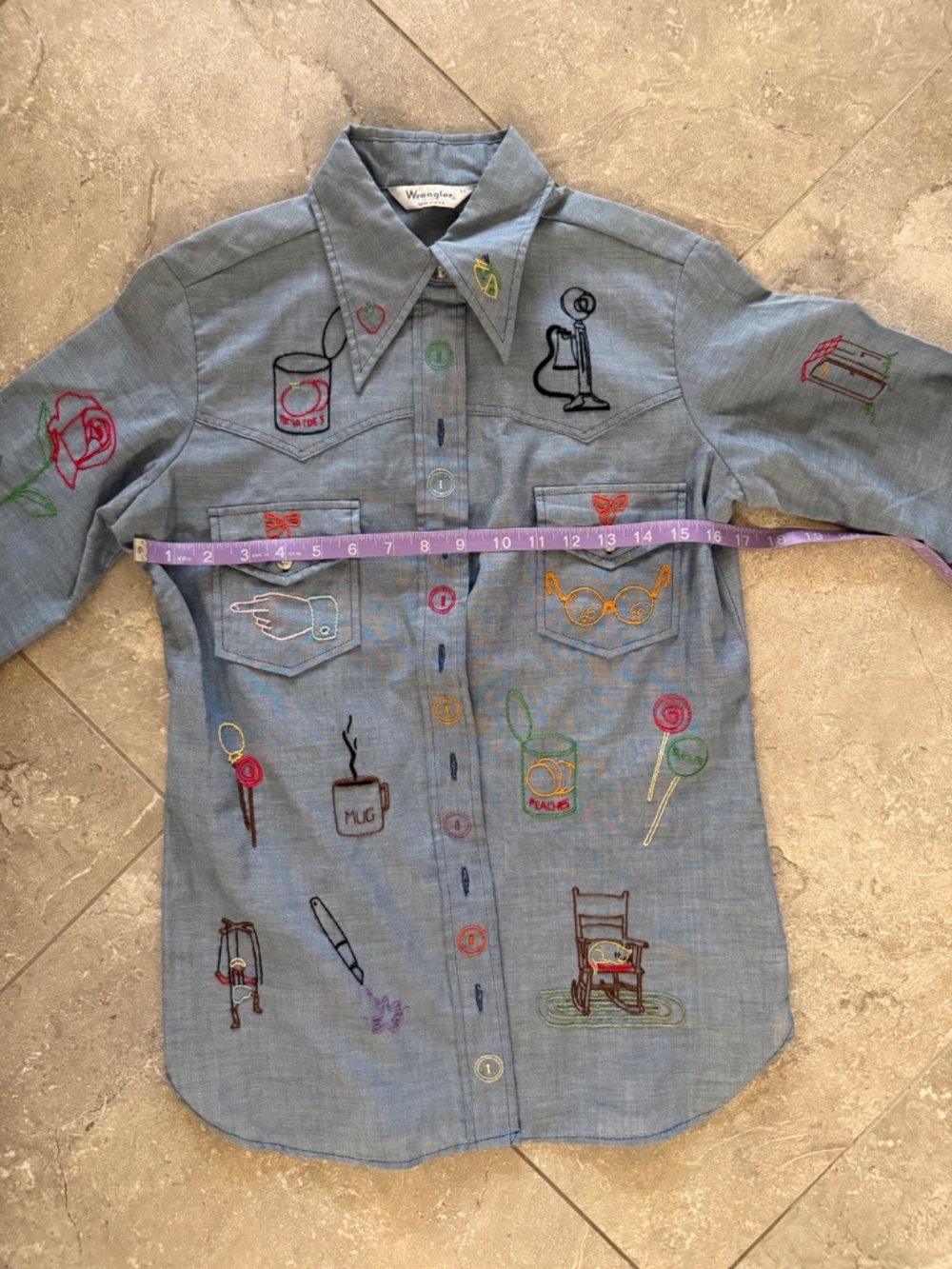 Vintage Wrangler Made in USA Denim Embroidery Button Up Shirt Sz 34 ONE OF KIND - Picture 7 of 9